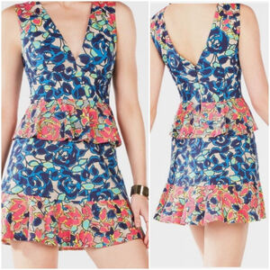 BCBGMaxAzria Caron Dress Peplum Dark Ink Floral Print Burnout Mesh Size 4